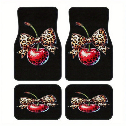 2pcs/4pcs Leopard Print Bow Cherry Sweet Cool Style Pattern Floor Mats, Four-Piece Set With Artistic Touch, Easy To Clean Interior Accessories, Clear Printed Material That Does Not Fade-Fashionable An