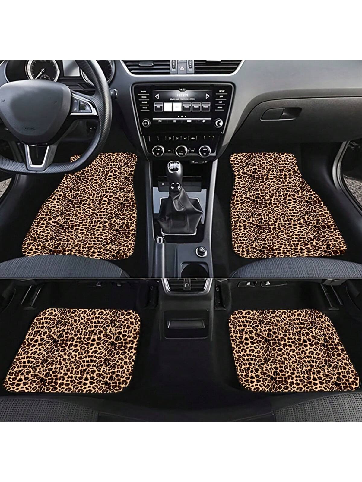 2pcs/4pcs Set Leopard Print Car Seat Cushion, Brown Leopard Pattern Front & Rear Car Seat Mats, Car Carpet Floor Mats, Car Decor Accessories, Stylish Brown Leopard Design, Car Floor Mats, Car Carpet