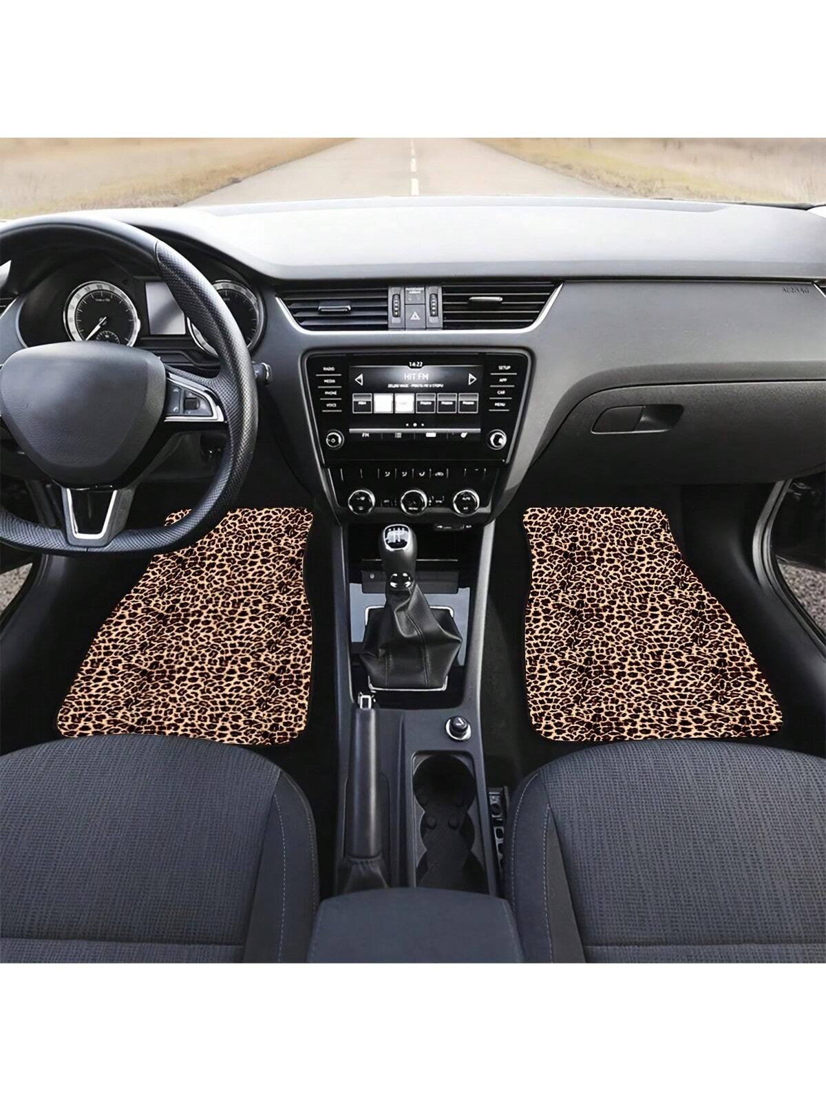 2pcs/4pcs Set Leopard Print Car Seat Cushion, Brown Leopard Pattern Front & Rear Car Seat Mats, Car Carpet Floor Mats, Car Decor Accessories, Stylish Brown Leopard Design, Car Floor Mats, Car Carpet