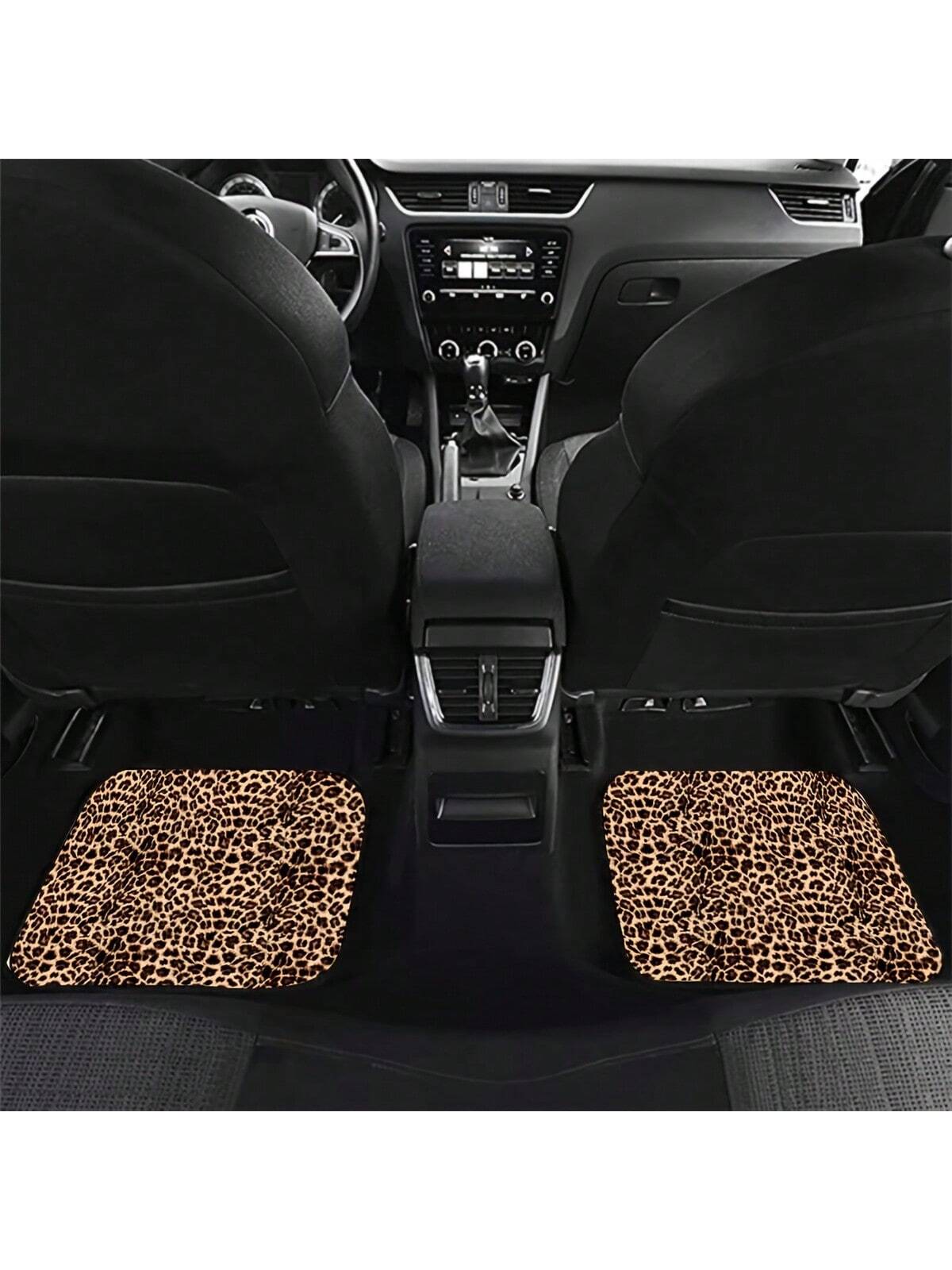 2pcs/4pcs Set Leopard Print Car Seat Cushion, Brown Leopard Pattern Front & Rear Car Seat Mats, Car Carpet Floor Mats, Car Decor Accessories, Stylish Brown Leopard Design, Car Floor Mats, Car Carpet