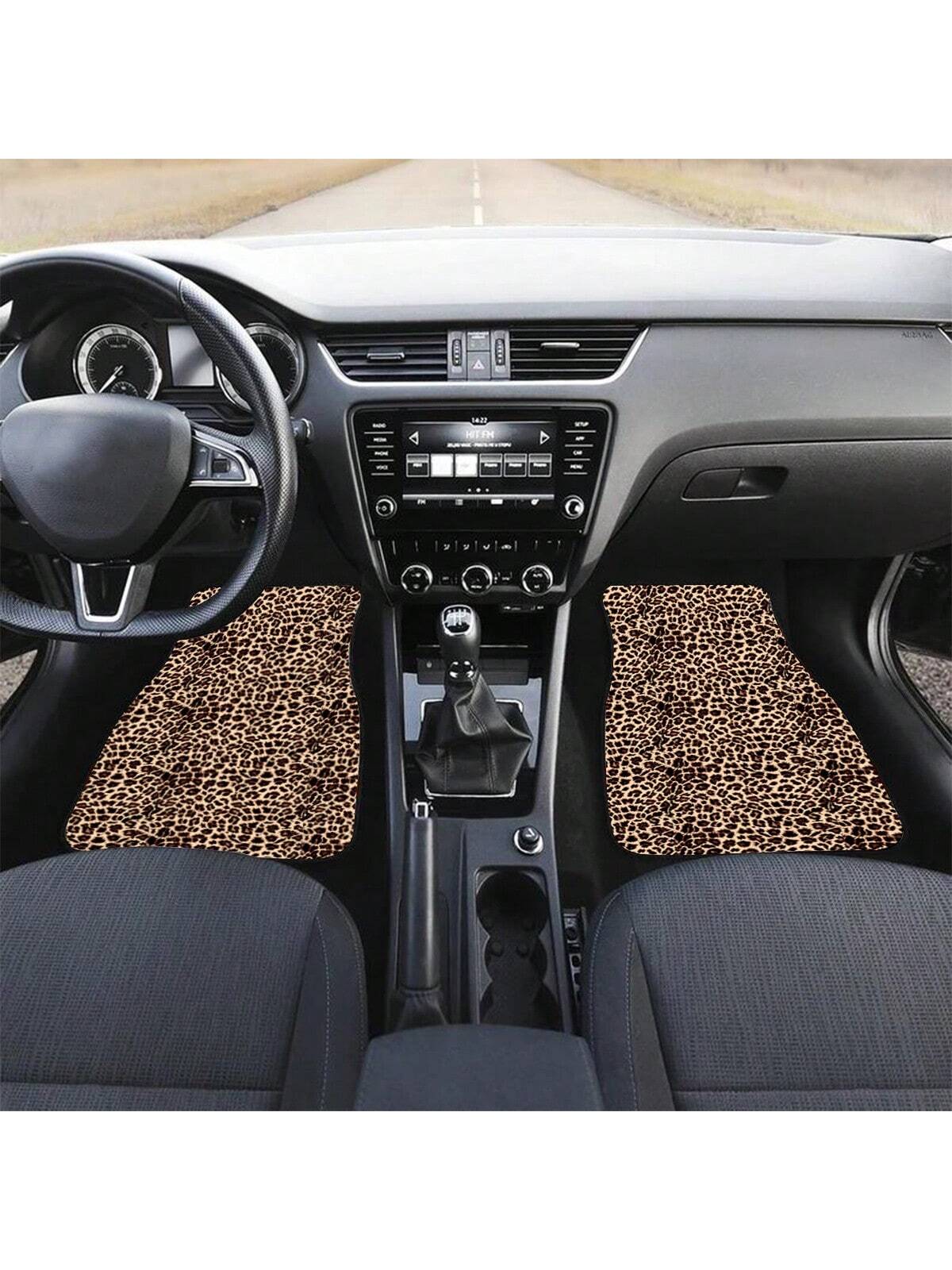 2pcs/4pcs Set Leopard Print Car Seat Cushion, Brown Leopard Pattern Front & Rear Car Seat Mats, Car Carpet Floor Mats, Car Decor Accessories, Stylish Brown Leopard Design, Car Floor Mats, Car Carpet