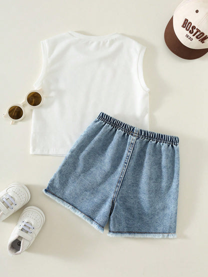 2pcs Baby/Baby Boy Casual Fashion Sleeveless T-Shirt And Denim Shorts Set, Baby Boy Outfit, Baby Boy Summer Clothes, Streetwear