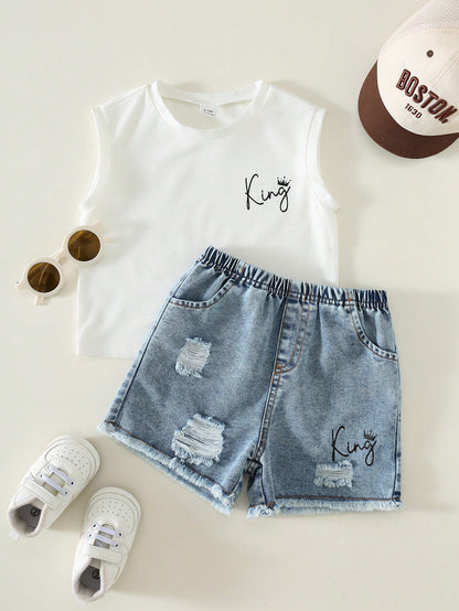2pcs Baby/Baby Boy Casual Fashion Sleeveless T-Shirt And Denim Shorts Set, Baby Boy Outfit, Baby Boy Summer Clothes, Streetwear