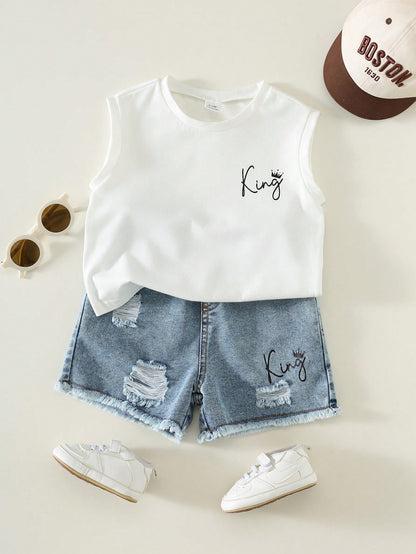 2pcs Baby/Baby Boy Casual Fashion Sleeveless T-Shirt And Denim Shorts Set, Baby Boy Outfit, Baby Boy Summer Clothes, Streetwear