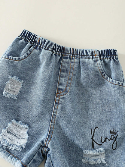 2pcs Baby/Baby Boy Casual Fashion Sleeveless T-Shirt And Denim Shorts Set, Baby Boy Outfit, Baby Boy Summer Clothes, Streetwear