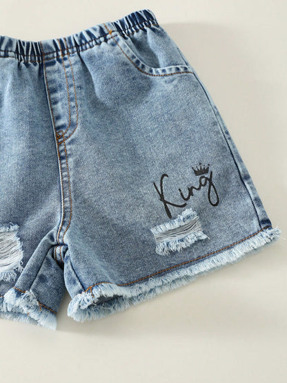 2pcs Baby/Baby Boy Casual Fashion Sleeveless T-Shirt And Denim Shorts Set, Baby Boy Outfit, Baby Boy Summer Clothes, Streetwear