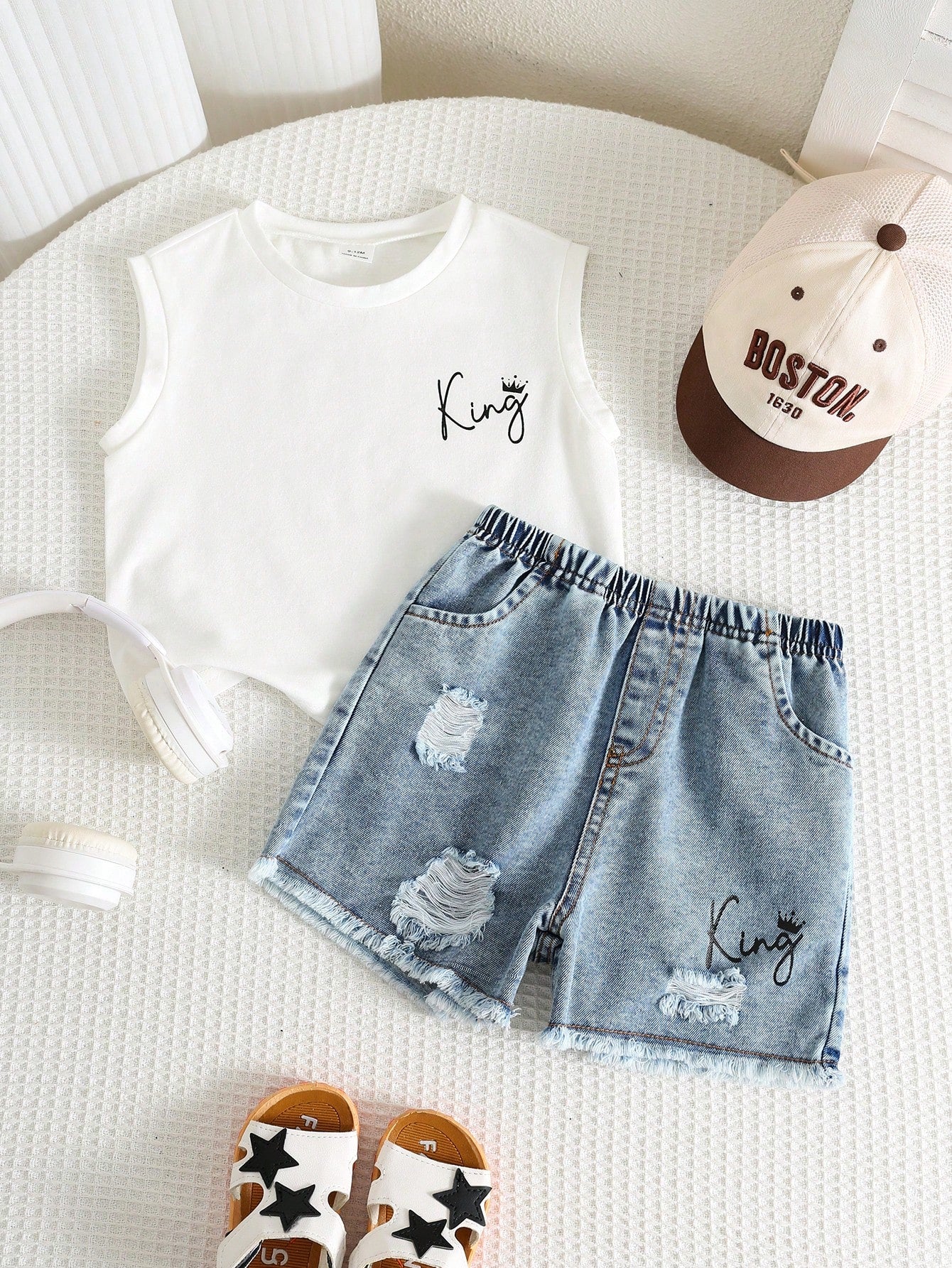 2pcs Baby/Baby Boy Casual Fashion Sleeveless T-Shirt And Denim Shorts Set, Baby Boy Outfit, Baby Boy Summer Clothes, Streetwear