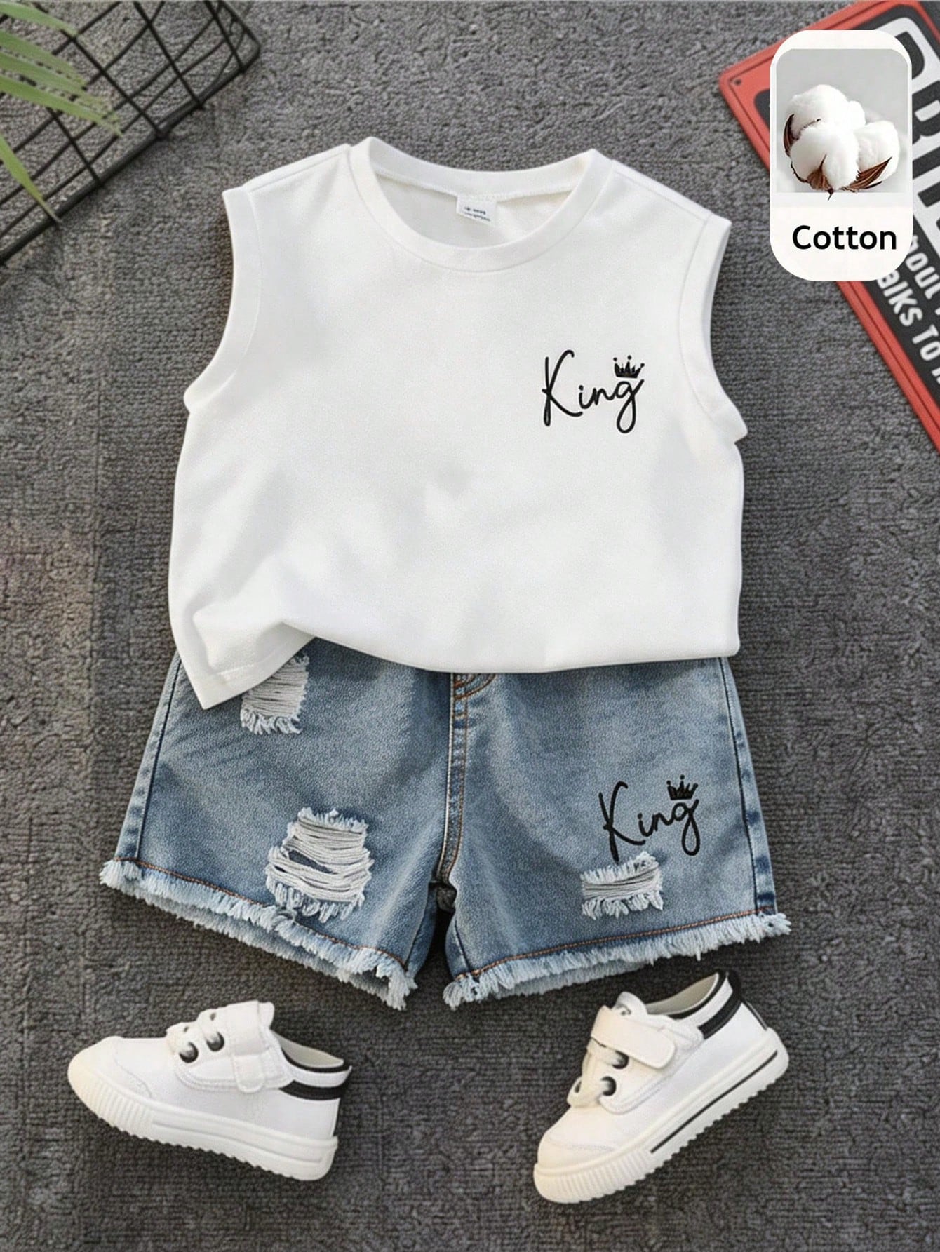 2pcs Baby/Baby Boy Casual Fashion Sleeveless T-Shirt And Denim Shorts Set, Baby Boy Outfit, Baby Boy Summer Clothes, Streetwear