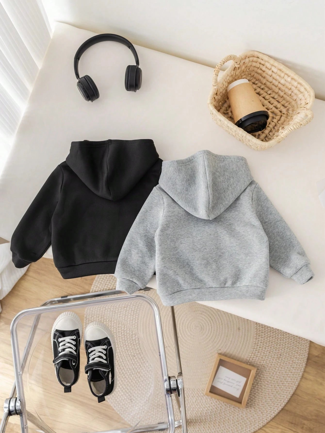 2pcs Baby Boy & Baby Girl Casual Solid Color Hooded Jacket Set, Grey Hoodie & Black Hoodie, Suitable For Autumn & Winter
