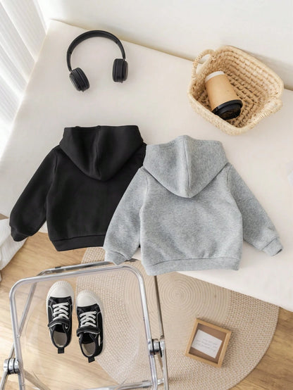 2pcs Baby Boy & Baby Girl Casual Solid Color Hooded Jacket Set, Grey Hoodie & Black Hoodie, Suitable For Autumn & Winter