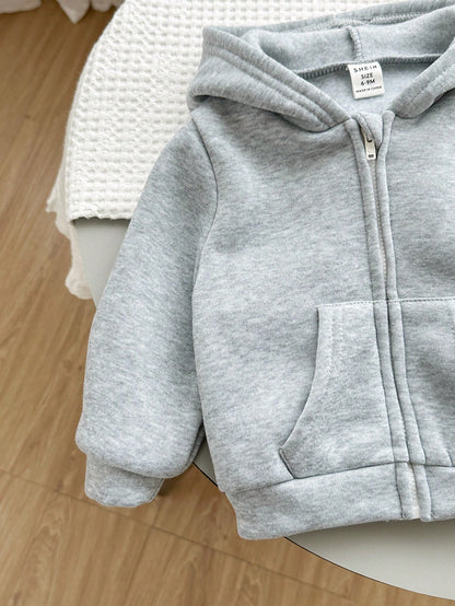 2pcs Baby Boy & Baby Girl Casual Solid Color Hooded Jacket Set, Grey Hoodie & Black Hoodie, Suitable For Autumn & Winter