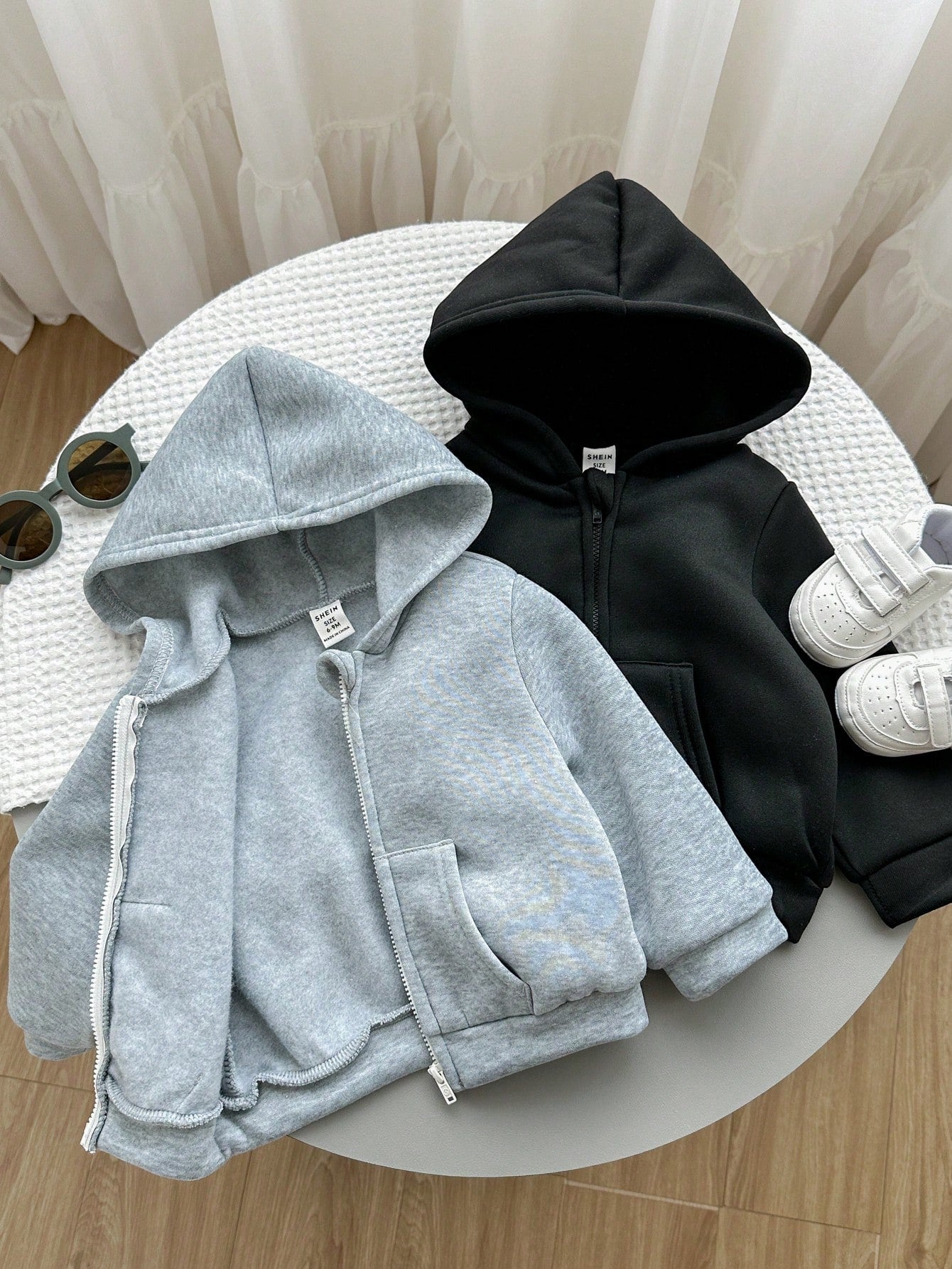 2pcs Baby Boy & Baby Girl Casual Solid Color Hooded Jacket Set, Grey Hoodie & Black Hoodie, Suitable For Autumn & Winter