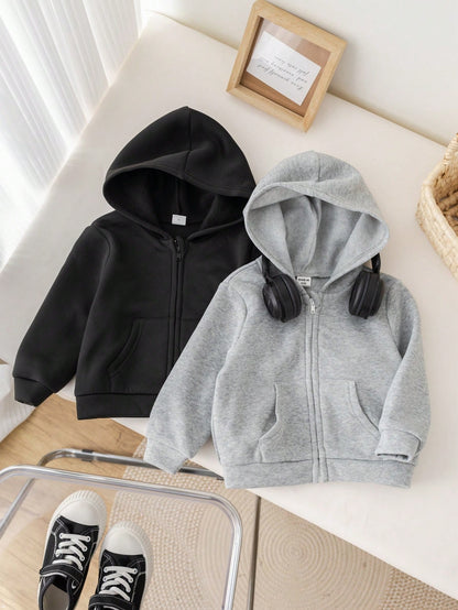 2pcs Baby Boy & Baby Girl Casual Solid Color Hooded Jacket Set, Grey Hoodie & Black Hoodie, Suitable For Autumn & Winter