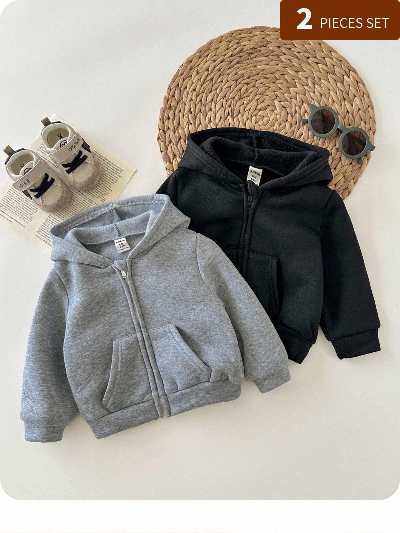 2pcs Baby Boy & Baby Girl Casual Solid Color Hooded Jacket Set, Grey Hoodie & Black Hoodie, Suitable For Autumn & Winter