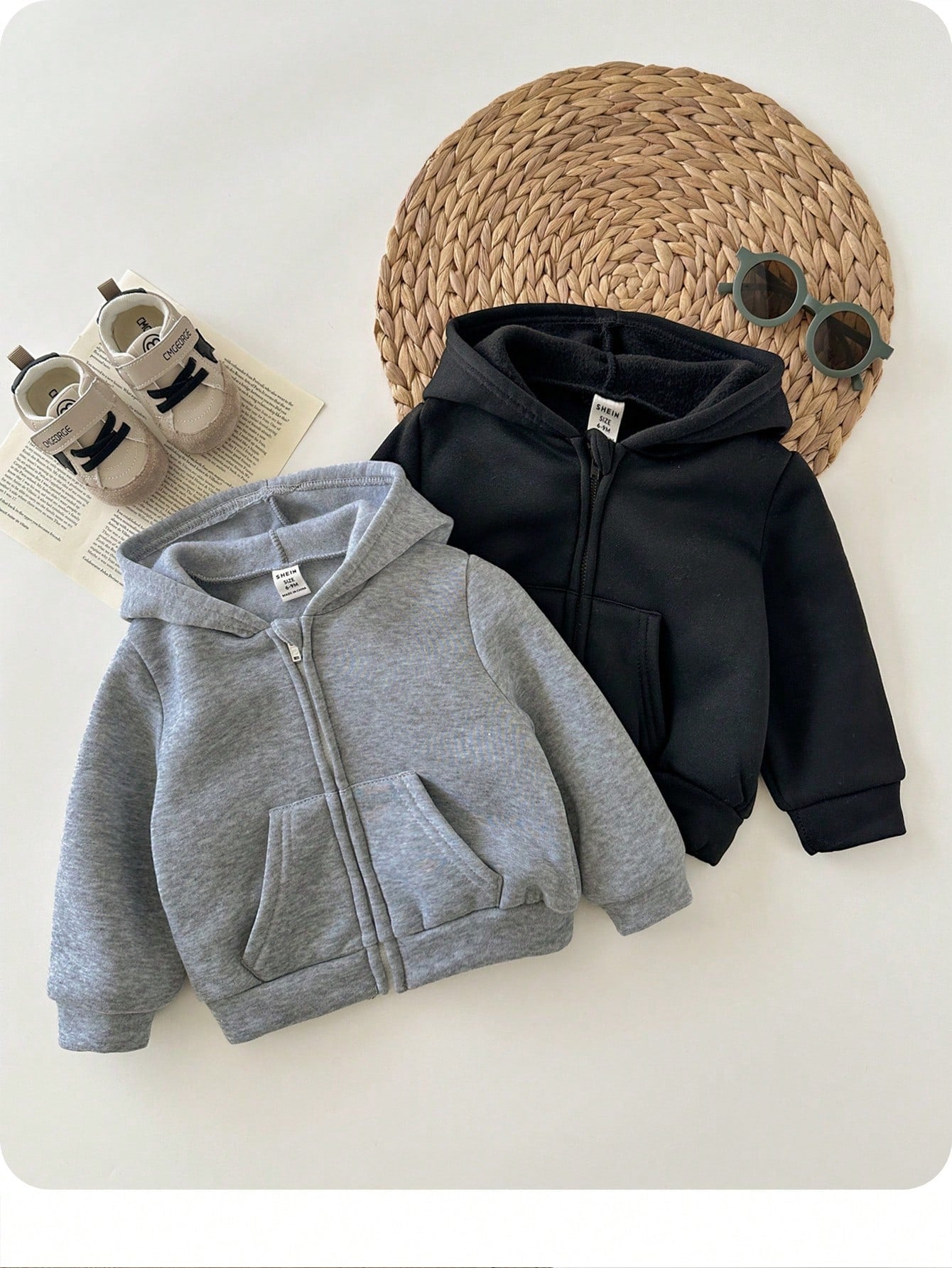 2pcs Baby Boy & Baby Girl Casual Solid Color Hooded Jacket Set, Grey Hoodie & Black Hoodie, Suitable For Autumn & Winter