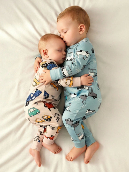 2pcs Baby Boy Cartoon Car Print Long Sleeve Jumpsuit Set,Comfortable Casual Cute Blue Lounge Homewear For Autumn,Snug Fit Pajamas Newborn Clothes Fall