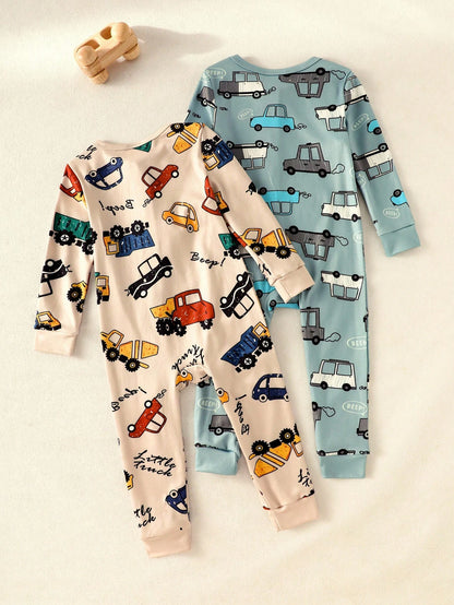 2pcs Baby Boy Cartoon Car Print Long Sleeve Jumpsuit Set,Comfortable Casual Cute Blue Lounge Homewear For Autumn,Snug Fit Pajamas Newborn Clothes Fall