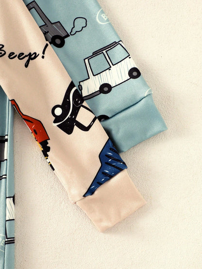 2pcs Baby Boy Cartoon Car Print Long Sleeve Jumpsuit Set,Comfortable Casual Cute Blue Lounge Homewear For Autumn,Snug Fit Pajamas Newborn Clothes Fall