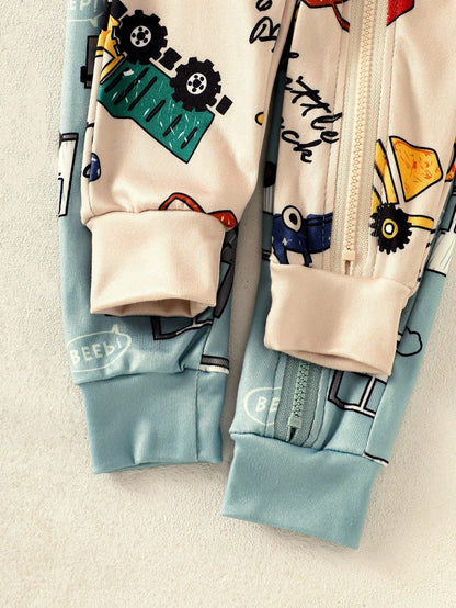 2pcs Baby Boy Cartoon Car Print Long Sleeve Jumpsuit Set,Comfortable Casual Cute Blue Lounge Homewear For Autumn,Snug Fit Pajamas Newborn Clothes Fall