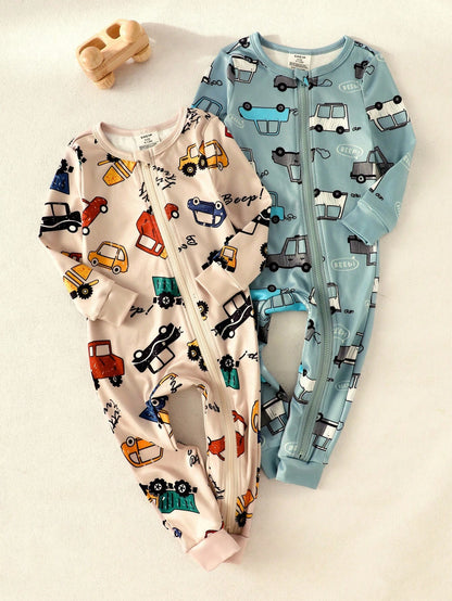 2pcs Baby Boy Cartoon Car Print Long Sleeve Jumpsuit Set,Comfortable Casual Cute Blue Lounge Homewear For Autumn,Snug Fit Pajamas Newborn Clothes Fall