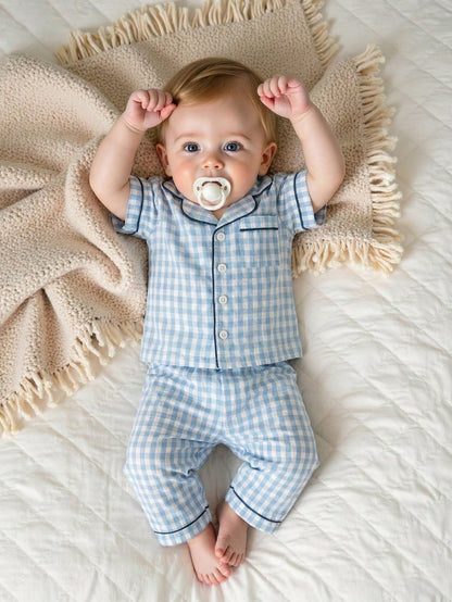 2pcs Baby Boy Casual Plaid Shirt Top And Pants Set, Comfortable For Spring/Summer Wear