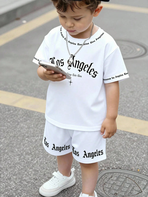 2pcs Baby Boy Street Style English Letter Print Set, Suitable For Outings In Summer