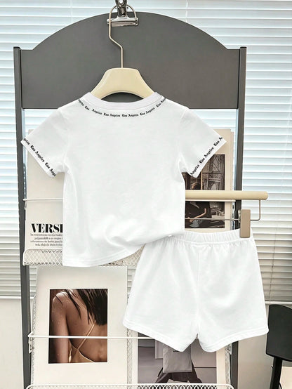2pcs Baby Boy Street Style English Letter Print Set, Suitable For Outings In Summer