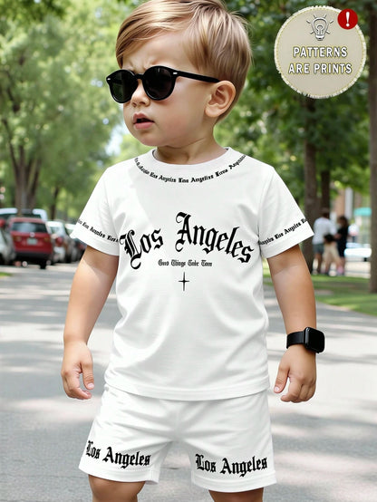 2pcs Baby Boy Street Style English Letter Print Set, Suitable For Outings In Summer