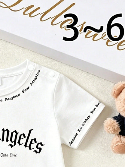 2pcs Baby Boy Street Style English Letter Print Set, Suitable For Outings In Summer