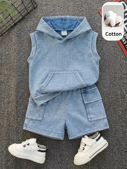 2pcs Baby Boy Summer Casual Hooded Denim Top And Cargo Denim Shorts Knit Denim Set
