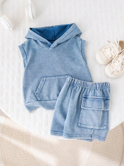 2pcs Baby Boy Summer Casual Hooded Denim Top And Cargo Denim Shorts Knit Denim Set