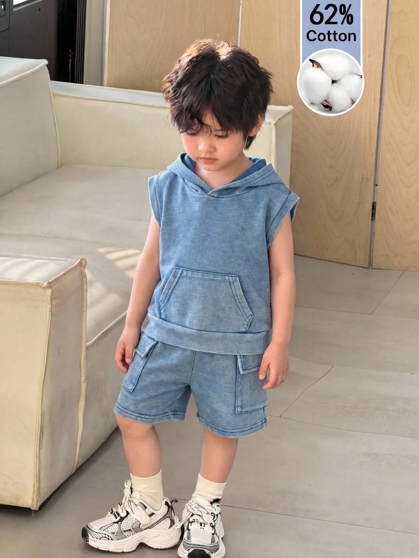 2pcs Baby Boy Summer Casual Hooded Denim Top And Cargo Denim Shorts Knit Denim Set