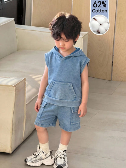 2pcs Baby Boy Summer Casual Hooded Denim Top And Cargo Denim Shorts Knit Denim Set