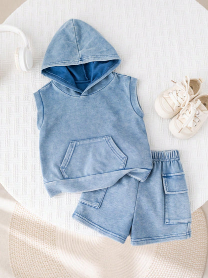 2pcs Baby Boy Summer Casual Hooded Denim Top And Cargo Denim Shorts Knit Denim Set