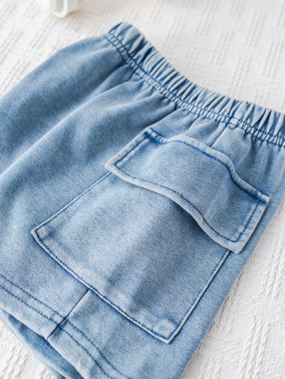 2pcs Baby Boy Summer Casual Hooded Denim Top And Cargo Denim Shorts Knit Denim Set