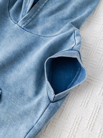 2pcs Baby Boy Summer Casual Hooded Denim Top And Cargo Denim Shorts Knit Denim Set