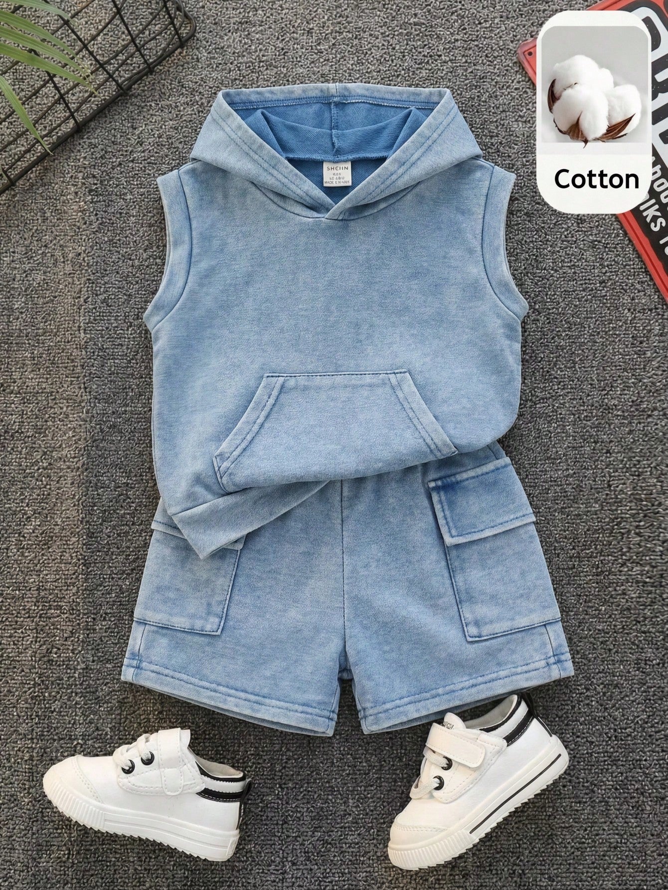 2pcs Baby Boy Summer Casual Hooded Denim Top And Cargo Denim Shorts Knit Denim Set