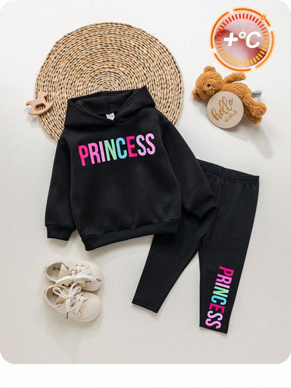 2pcs Baby Girl Casual Knit Letter Print Long Sleeve Sweatshirt And Pants Set Fall Winter