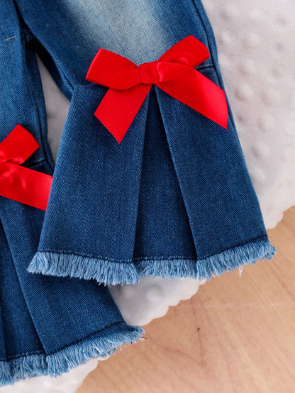 2pcs Baby Girl Fashion Casual Set: Crew Neck Long Sleeve Sweatshirt With 3D Bow Decor And Skinny Flare Leg Jeans Pants With 3D Bow Decor