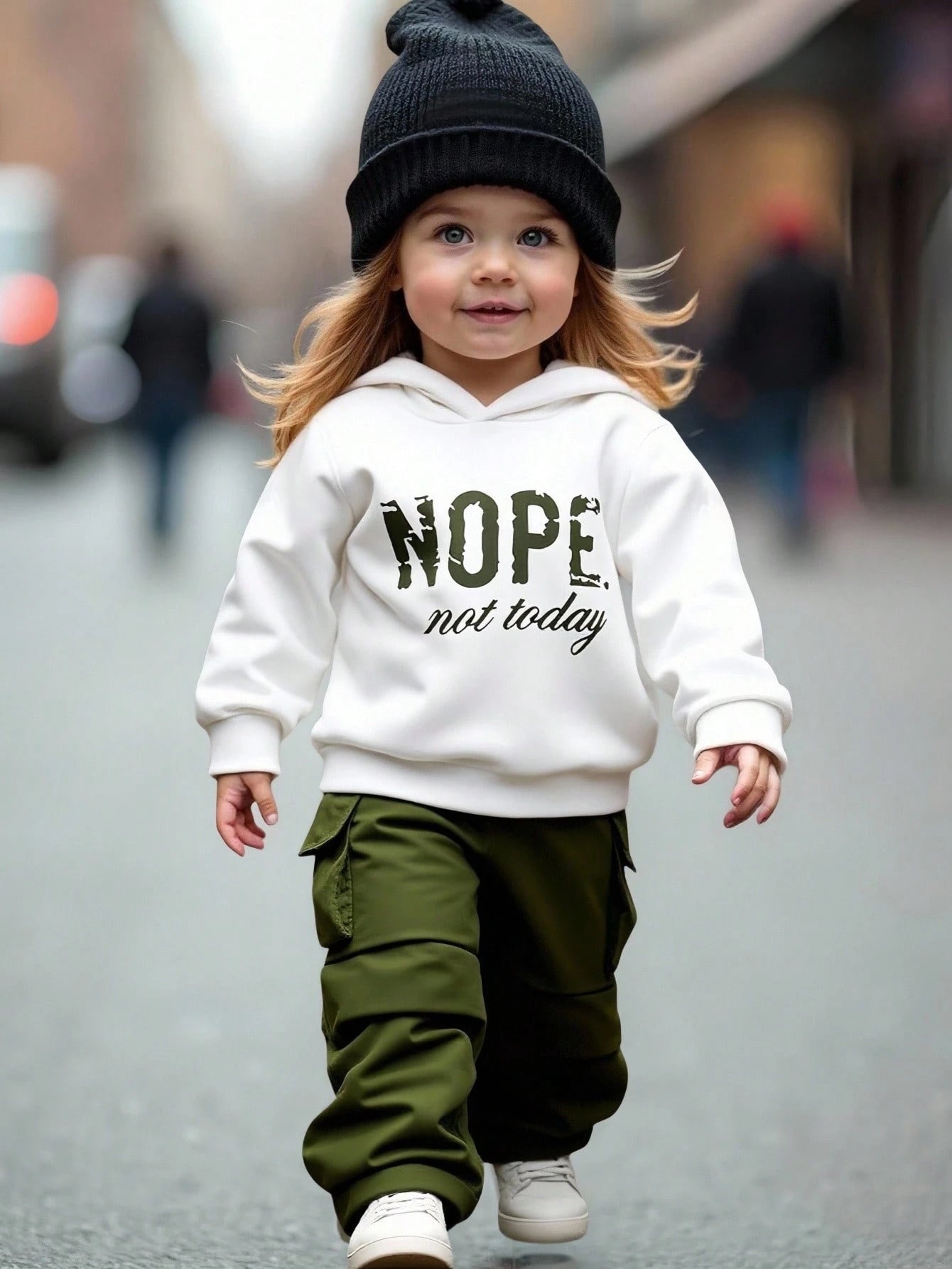 2pcs Baby Girl Set White Knitted Printed Hooded Sweatshirt Relaxed Cargo Pants Elastic Waist Loose Fit Casual Date Autumn Winter Fashionable Outfit