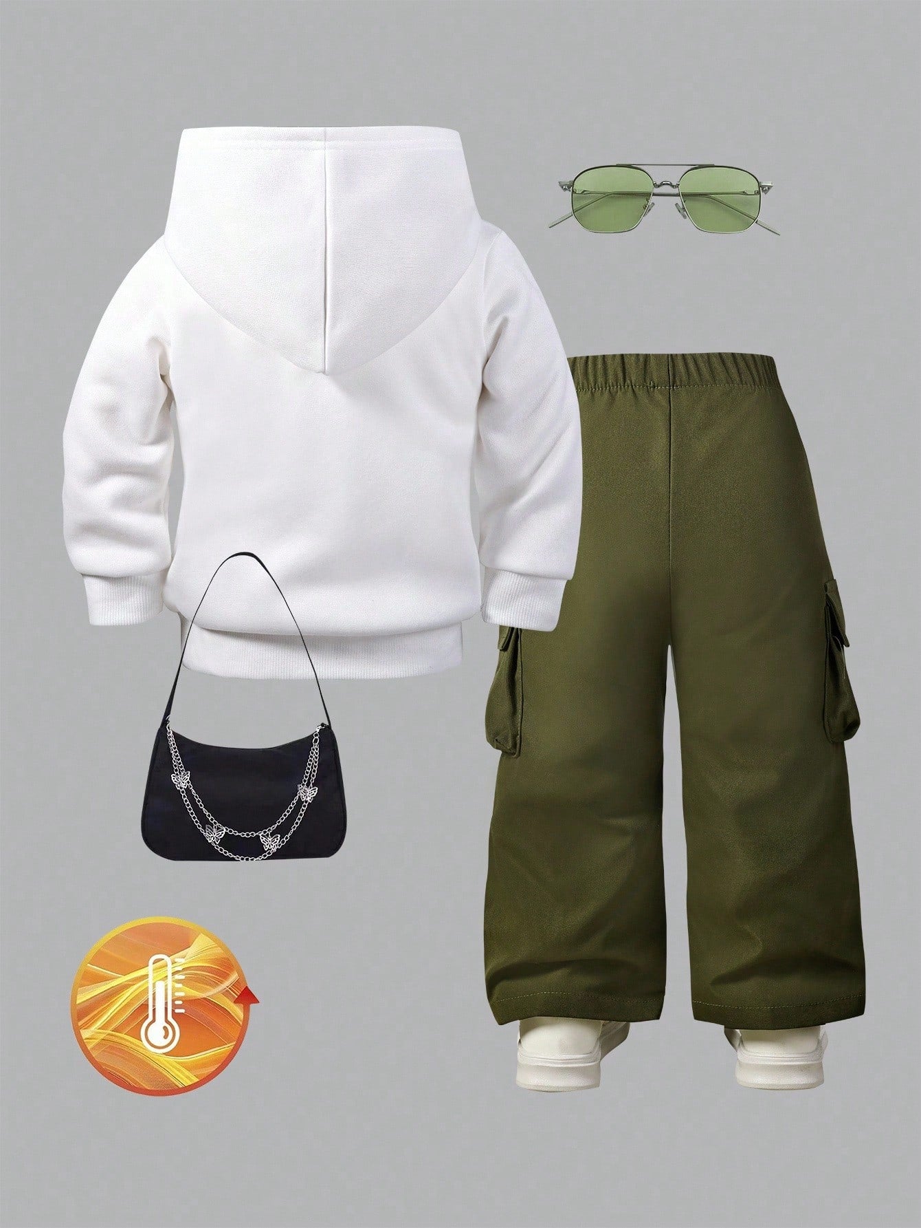 2pcs Baby Girl Set White Knitted Printed Hooded Sweatshirt Relaxed Cargo Pants Elastic Waist Loose Fit Casual Date Autumn Winter Fashionable Outfit