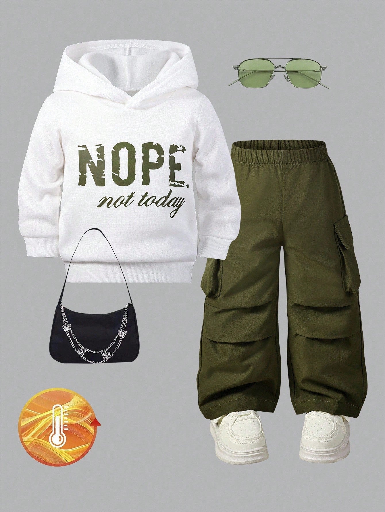 2pcs Baby Girl Set White Knitted Printed Hooded Sweatshirt Relaxed Cargo Pants Elastic Waist Loose Fit Casual Date Autumn Winter Fashionable Outfit