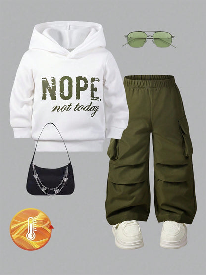 2pcs Baby Girl Set White Knitted Printed Hooded Sweatshirt Relaxed Cargo Pants Elastic Waist Loose Fit Casual Date Autumn Winter Fashionable Outfit