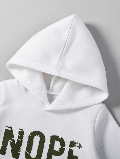2pcs Baby Girl Set White Knitted Printed Hooded Sweatshirt Relaxed Cargo Pants Elastic Waist Loose Fit Casual Date Autumn Winter Fashionable Outfit