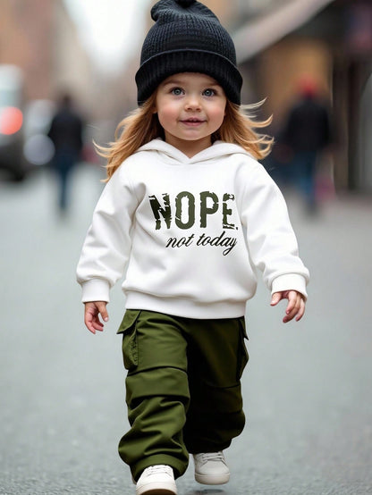 2pcs Baby Girl Set White Knitted Printed Hooded Sweatshirt Relaxed Cargo Pants Elastic Waist Loose Fit Casual Date Autumn Winter Fashionable Outfit