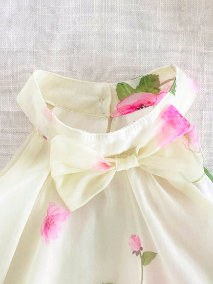 2pcs Baby Girls Floral Print Chiffon Bow Decor Sleeveless Spaghetti Strap Top+Elastic Waist Shorts Set,Cute,Summer,Beige,2nd Birthday,Sweet Outfits