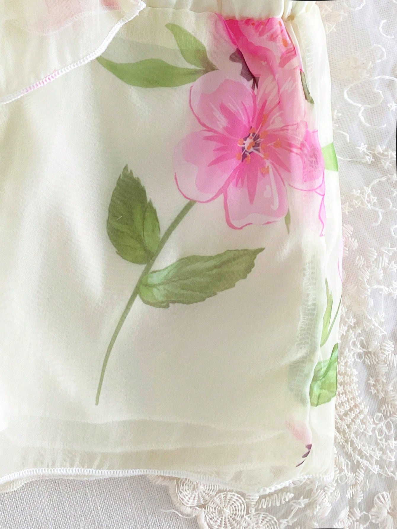2pcs Baby Girls Floral Print Chiffon Bow Decor Sleeveless Spaghetti Strap Top+Elastic Waist Shorts Set,Cute,Summer,Beige,2nd Birthday,Sweet Outfits