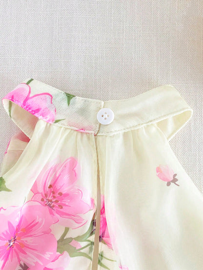 2pcs Baby Girls Floral Print Chiffon Bow Decor Sleeveless Spaghetti Strap Top+Elastic Waist Shorts Set,Cute,Summer,Beige,2nd Birthday,Sweet Outfits