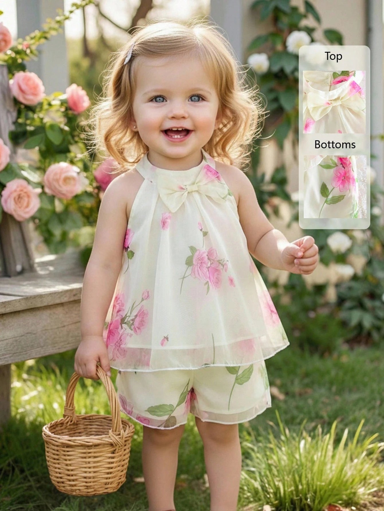 2pcs Baby Girls Floral Print Chiffon Bow Decor Sleeveless Spaghetti Strap Top+Elastic Waist Shorts Set,Cute,Summer,Beige,2nd Birthday,Sweet Outfits