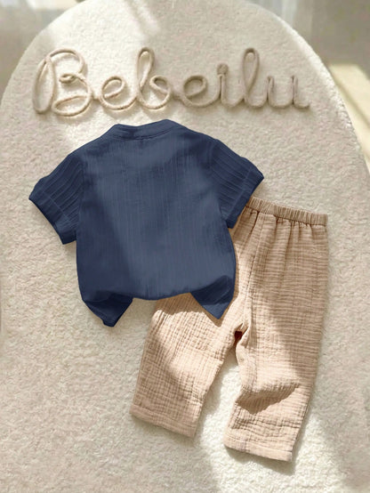 2pcs Babyboy Beige Summer Casual City Break College Style Grey Collared Shirt&Striped Elastic Waist Pants Set,Suitable For Birthday Party&Wedding